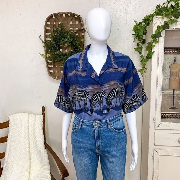 Vintage Tops - Vintage Kloz Studio Zebra Print Short Sleeve Button-Front Blouse